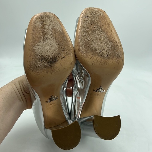 Prada Women's Metallic Chrome Silver Leather Open Peep-Toe Pumps size 7 - Picture 6 of 9